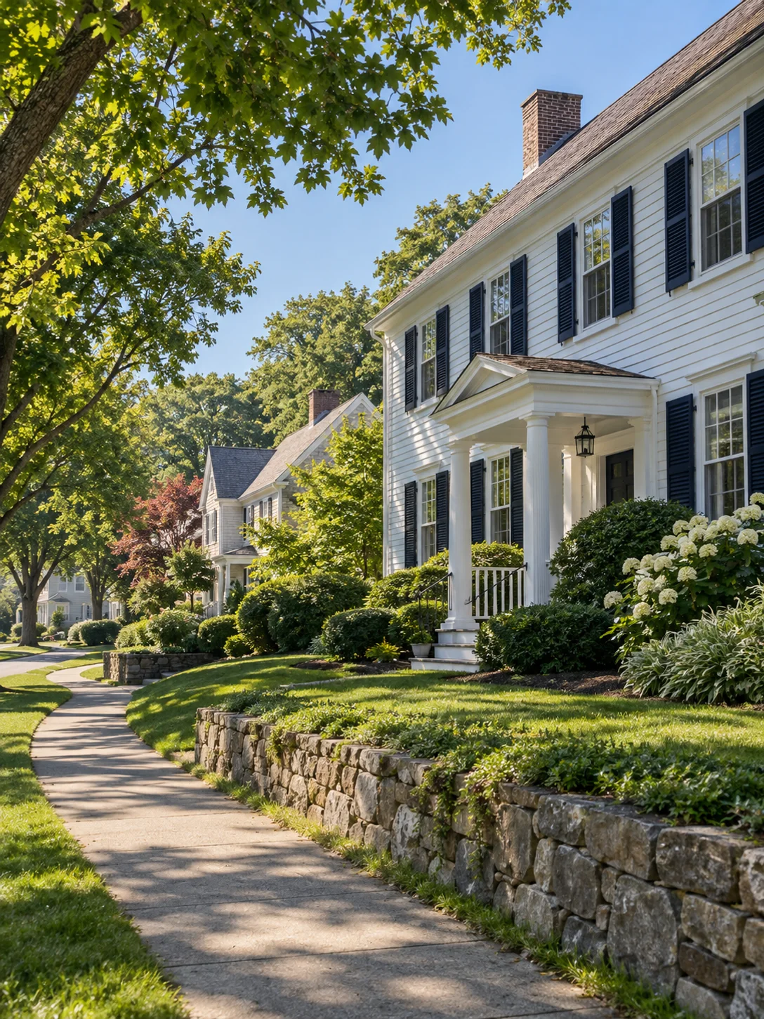 Illustrative New England neighborhood with white clapboard homes and a tree-lined sidewalk