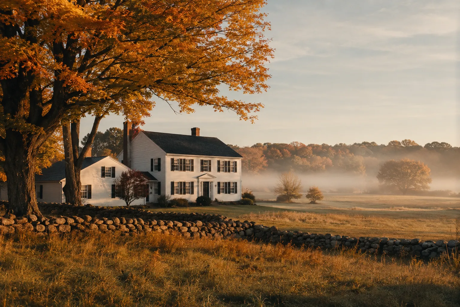 A white New England colonial farmhouse and stone wall among autumn maples in eastern Connecticut.
