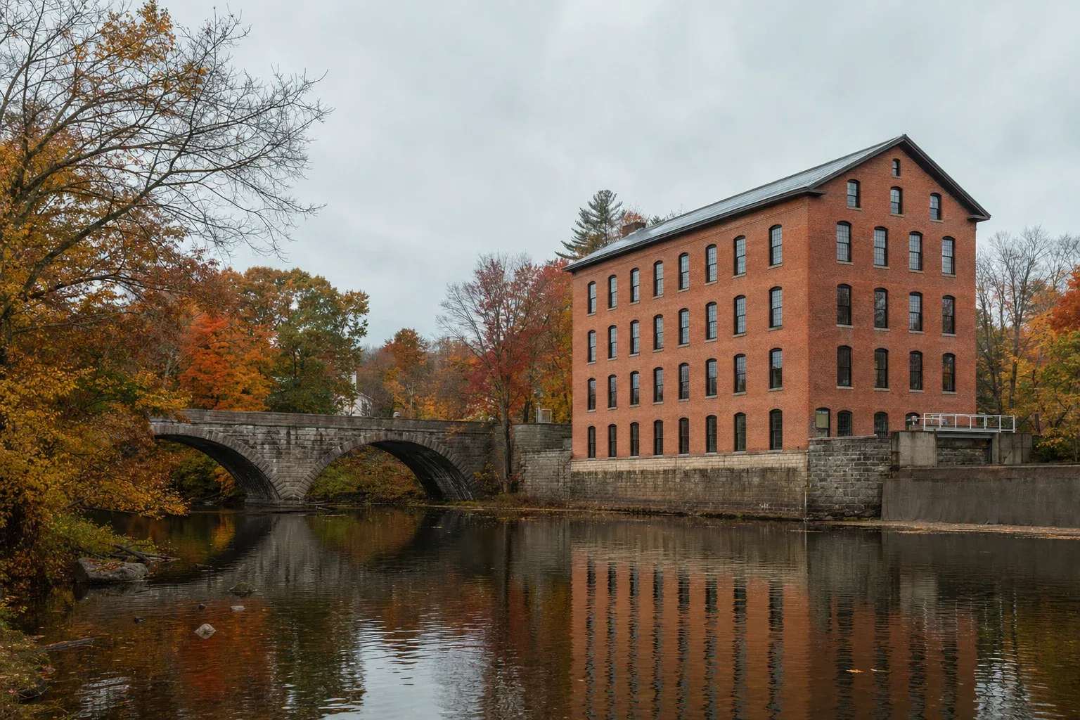 A red-brick mill-town riverfront with a stone bridge and autumn foliage in northeastern Connecticut.