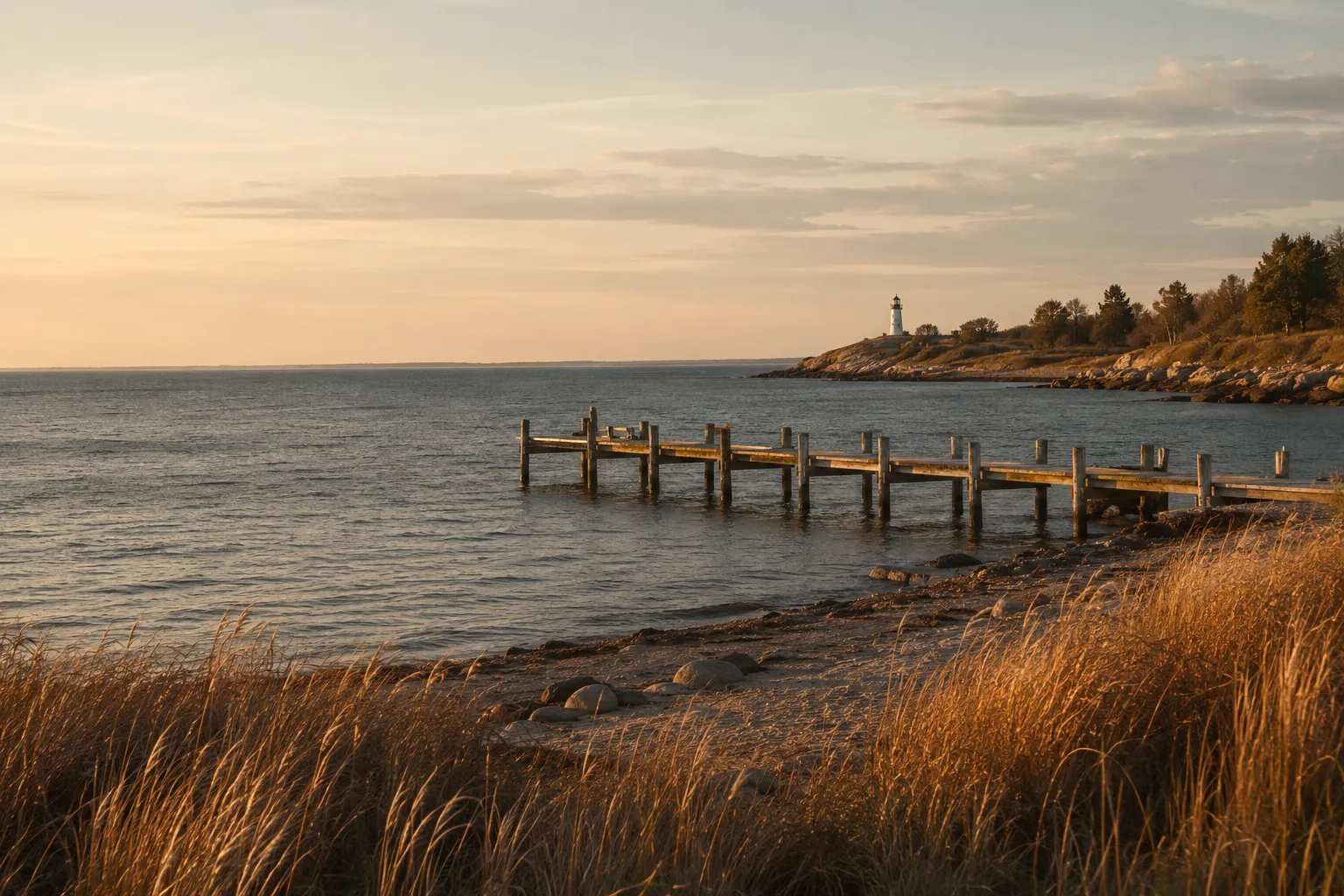 Long Island Sound shoreline near Milford, Connecticut at golden hour.